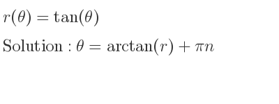 The general solution for r(θ)=tan(θ) is θ=arctan(r)+pin